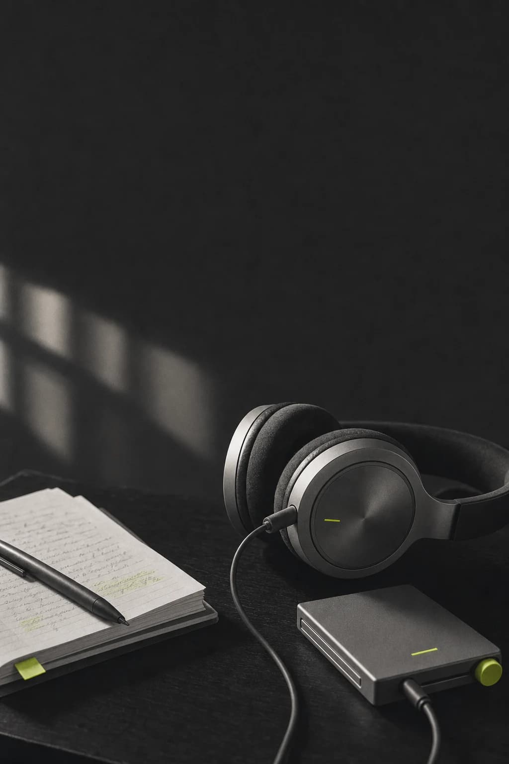 Headphones, handwritten listening notes, and a compact music player on a dark desk